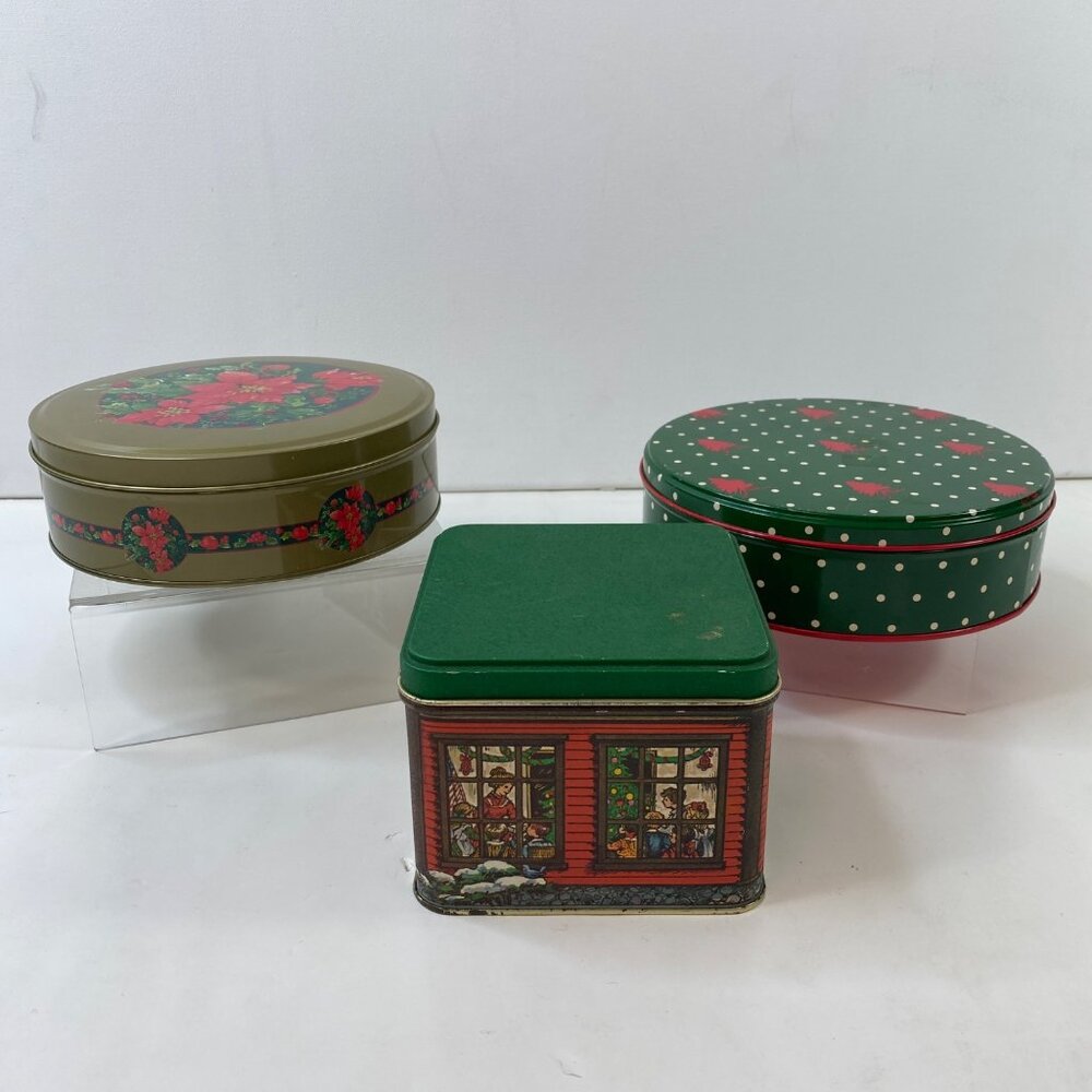 Set Of 3 Vintage Christmas-Themed Metal Tins Festive Poinsettia Polka Dot Design